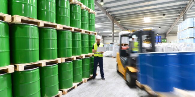 Worker in a warehouse completing a safety audit on a device